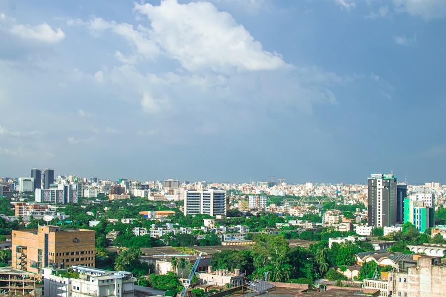 Dhaka cityscape with modern buildings under blue sky
